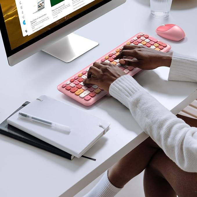 KNOWSQT Wireless Keyboard and Mouse Combo, Pale Pink Full-Sized 2.4G Silent Keycap Colorful Keyboards, USB Dongle Plug Play, for Laptop, Windows, PC, Computer, Desktop