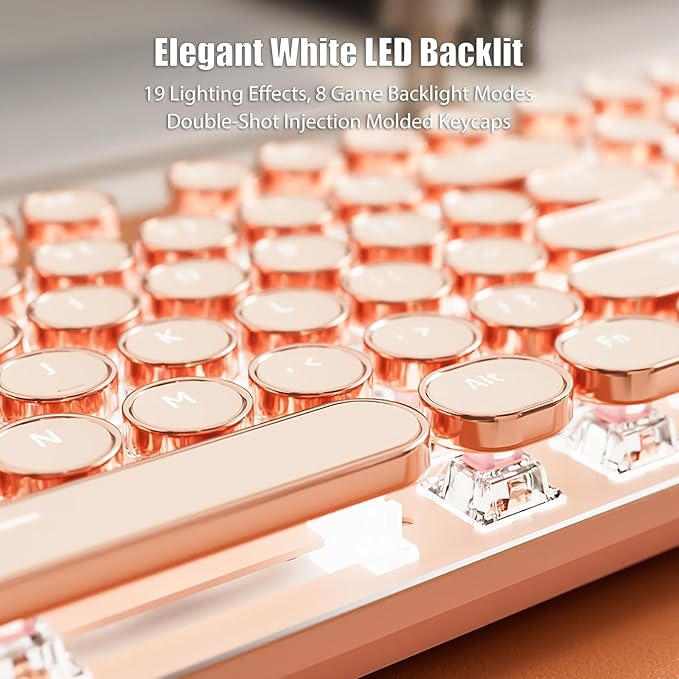 Typewriter Style Mechanical Gaming Keyboard White LED Backlit 104-Key NKRO Pink Switches Retro Round Keycaps Golden Ring Volume Knob Metal Panel Wired USB-C Detachable Cable, Rose Gold