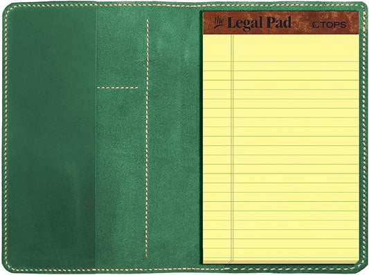 Genuine Leather Notebook Notepad Cover for TOPS The Legal Pad Writing Pads Docket 5" x 8" Cover, retro real leather portfolio folder cover organizer (Dark Green)