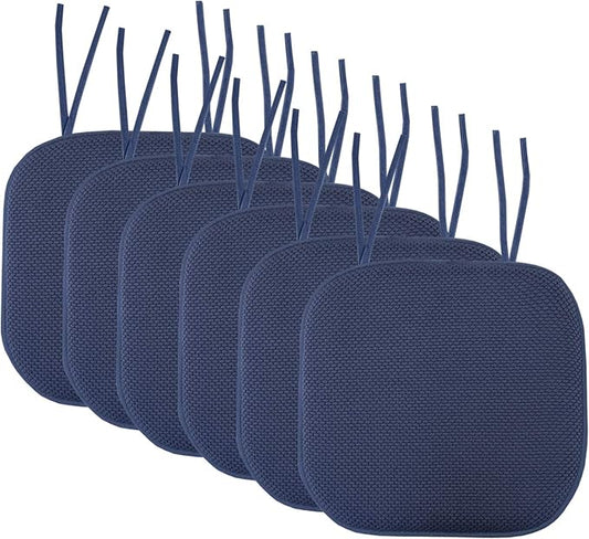 Sweet Home Collection Chair Cushion Memory Foam Pads with Ties Honeycomb Pattern Slip Non Skid Rubber Back Rounded Square 16" x 16" Seat Cover, 6 Pack, Navy 6 Pack