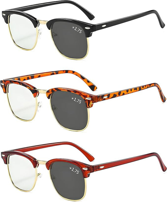 Half frame Retro Semi Rimless Photochromic Lens Glasses Blue Blocking Eyewear For Men Women (3 Pack Photochromic Reading 1.75 X)