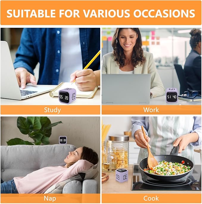 GuDoQi Multi-Function Cube Timer, 5/10/30/60 Min & Custom Count Down, Included Pause & Resume Feature, Silent, Vibrate & Adjustable Sound Alarm for Productivity in Tasks, Study & Kitchen, Purple