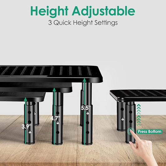 Monitor Stand Risers for 2 Monitors, 3 Height Adjustable Monitor Stand with Pen Holder, Dual Monitor Riser Laptop Riser for Office, Home, School Supplies, 2 Pack, Black