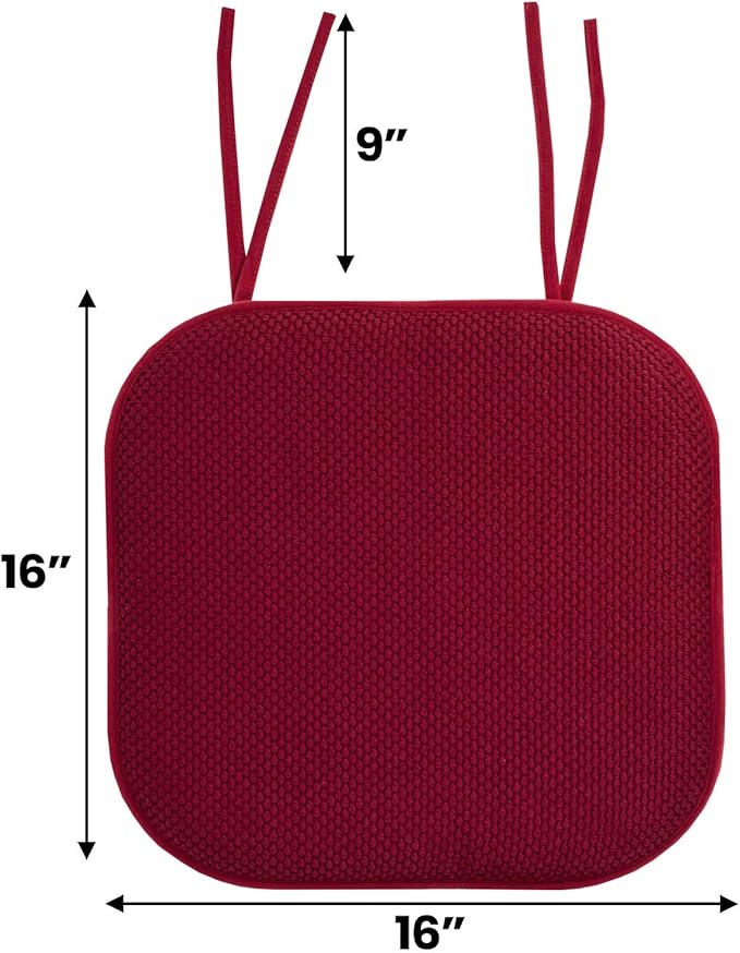Sweet Home Collection Chair Cushion Memory Foam Pads with Ties Honeycomb Pattern Slip Non Skid Rubber Back Rounded Square 16" x 16" Seat Cover, 6 Pack, Wine Burgundy 6 Pack