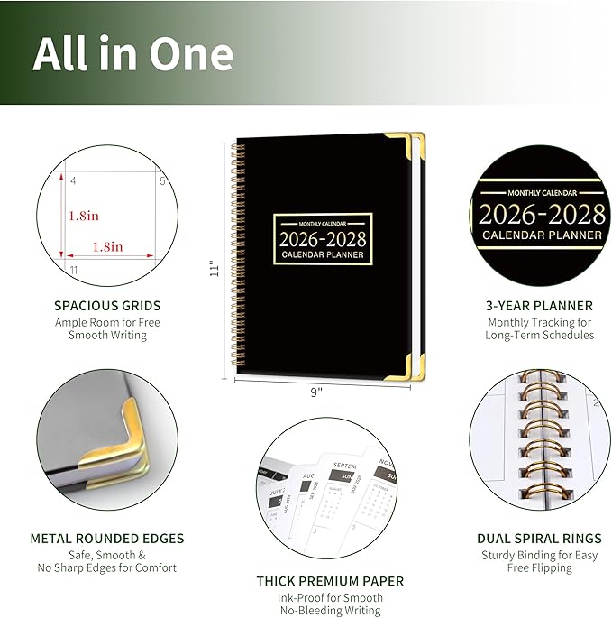Monthly Planner 2026-2028 Hardcover with Metal Corner 3 Year Calendar 2026-2027-2028 Monthly Calendar Planner 36 Months from Jan 2026-Dec 2028,Large Size 8.5 x 11 Gradient Black for School, Office, Home Planning