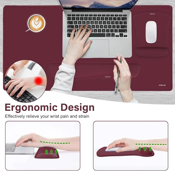 MOSISO Keyboard Mouse Pad Set, Large Gaming Mousepad&Keyboard Wrist Rest&Mouse Wrist Rest&Coaster, Ergonomic Non-Slip Mousepad&Easy Typing Cushion with Memory Foam for Home Office, Wine Red