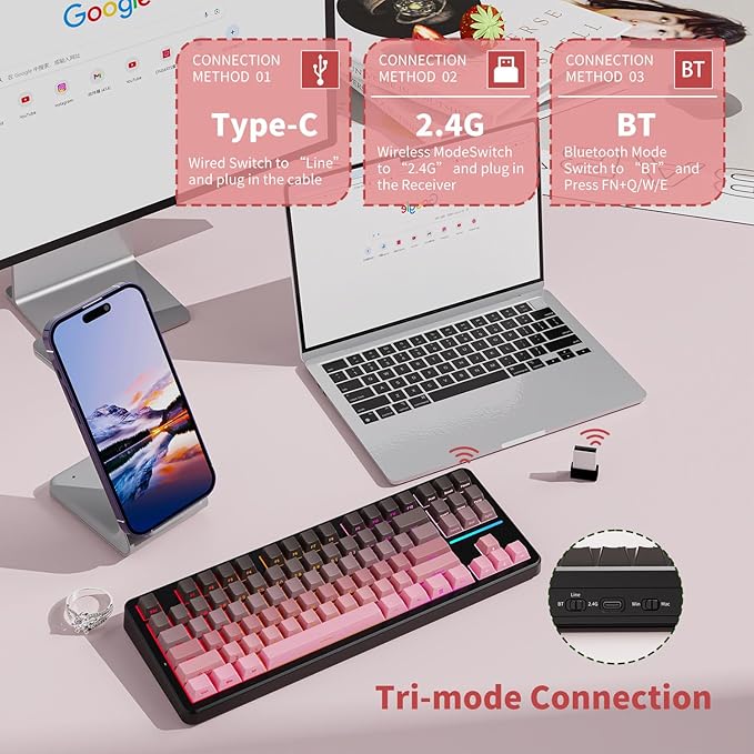 EWEADN X87 Wireless Mechanical Keyboard ASMR,80% Tri-Mode BT5.0/2.4GHz/USB-C Hot Swappable Custom Keyboard,5000mAh battery, Gasket Structure, RGB Backlit,Side Printed Gaming Keyboards-Black Berry pink