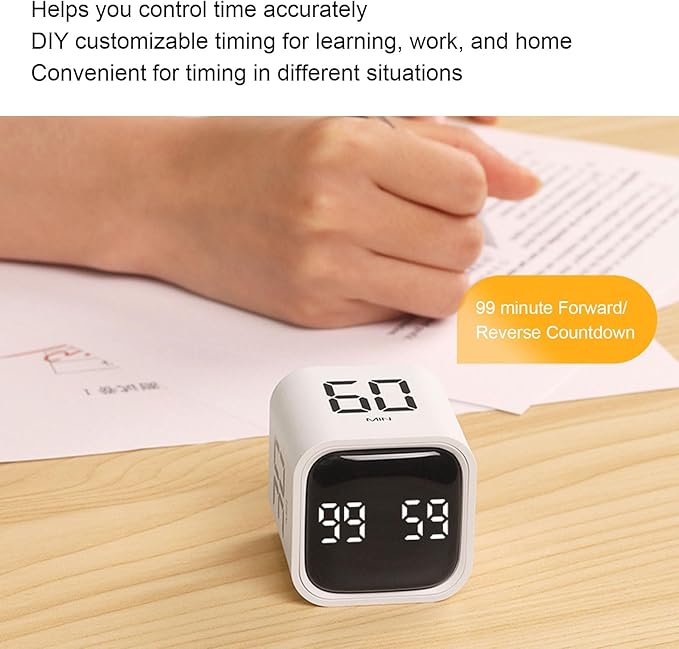 Gravity Cube Timer, Productivity Sensor Flip Kitchen Large LED Display Adjustable Sound Alarm Vibration High Low Volume Custom Modes Kids Study Students Office Exercise Skincare