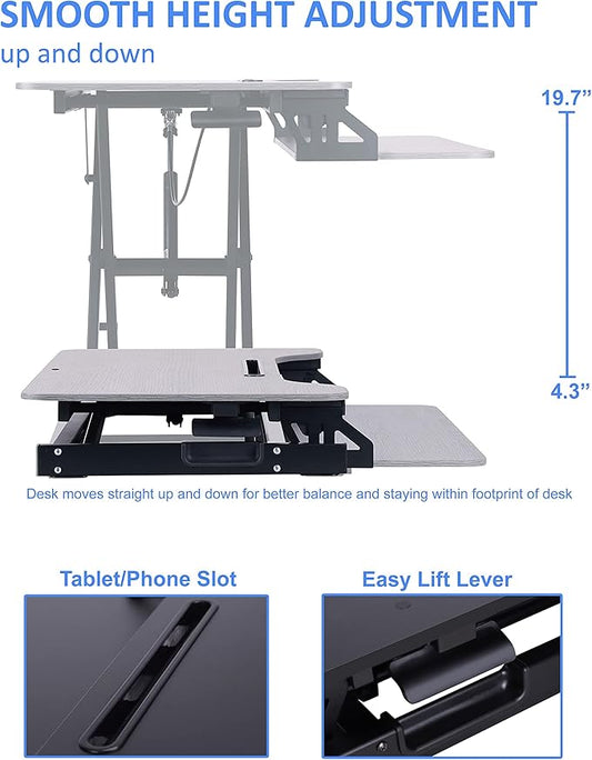 Rocelco Standing Desk Converter and Floor Mat - 31.5 Inch Sit Stand Up Dual Monitor Tabletop Riser with Tablet Mount, Height Adjustable Workstation - Deep Keyboard Tray - Gray (R VADRG-MAFM)