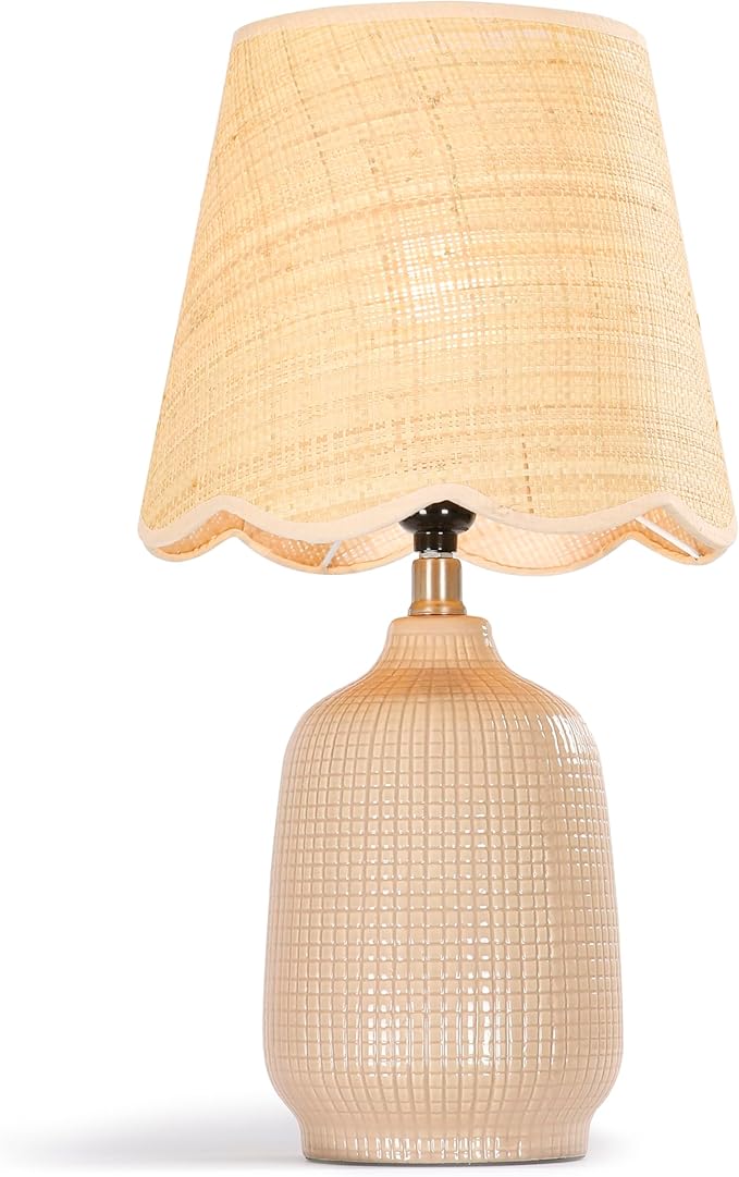 Pia Ricco 19" Modern Ceramic Table Lamp for Living Room Gray Camel Base Desk Lamps for Bedroom Farmhouse Bedside Nightstand Lamp End Table Lamps,Pink,Rattan Shade