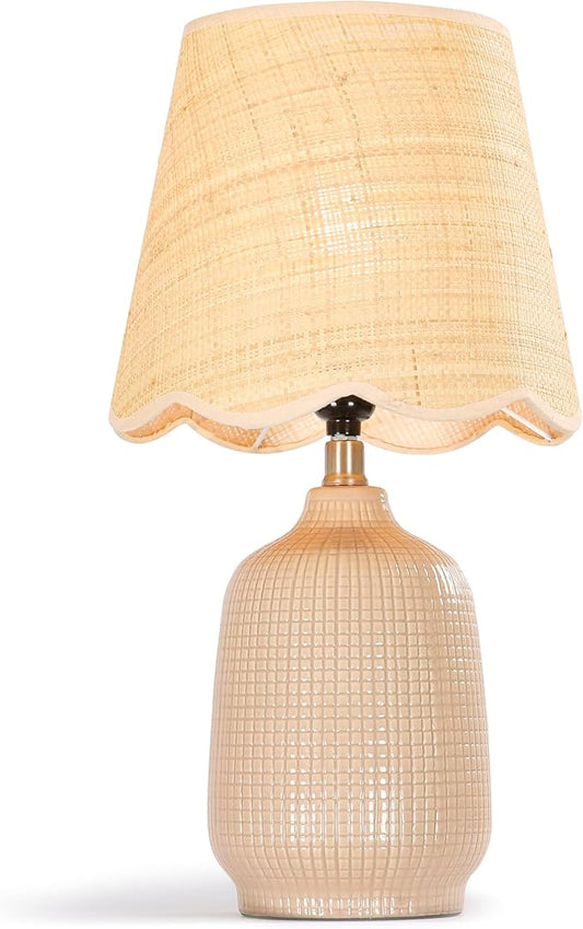 Pia Ricco 19" Modern Ceramic Table Lamp for Living Room Gray Camel Base Desk Lamps for Bedroom Farmhouse Bedside Nightstand Lamp End Table Lamps,Pink,Rattan Shade