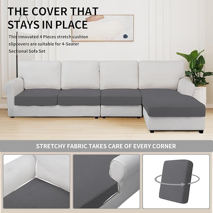 Easy-Going Stretch 4 Pieces Couch Cushion Covers for Sectional Sofa Left/Right L Shape Chaise Lounge Sofa Seat slipcover Anti-Slip Sofa Cover Soft (3 Seater + 1 Chaise, Grey)