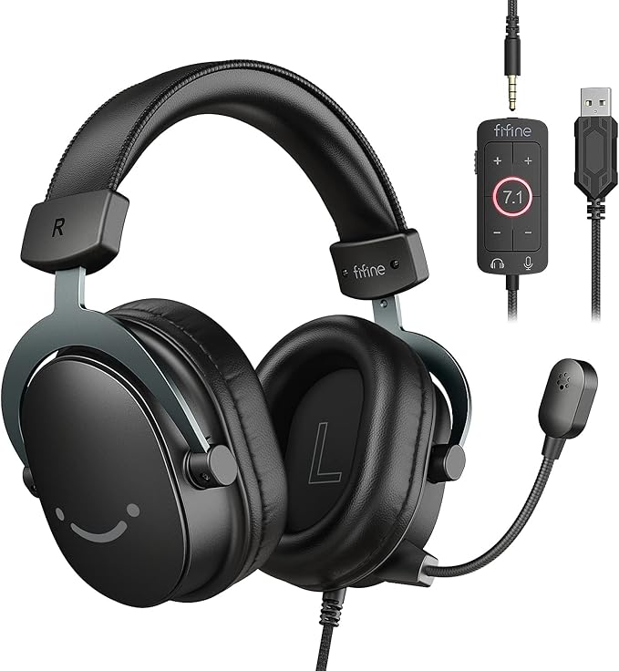 FIFINE PC Gaming Headset, USB Headset with 7.1 Surround Sound, Detachable Microphone, Control Box, 3.5mm Headphones Jack, Over-Ear Wired Headphones for PS5/Xbox/Switch, Black-AmpliGame H9