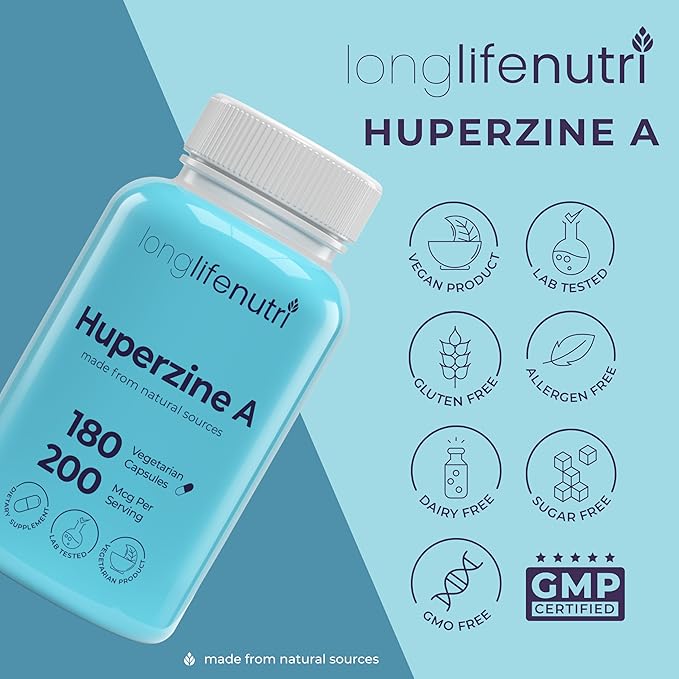 Huperzine A 200mcg - from Huperzia Serrata Leaf, 180 Vegetarian Capsules, Natural Brain Nootropic for Focus, Memory, and Clarity, 6 Month Supply, GMP Certified, Made in USA