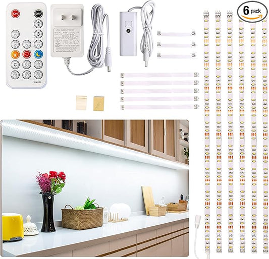 WOBANE Under Counter Light, Dimmable LED Under Cabinet Lighting, 6 PCS LED Strip Light Bars with Remote Control for Kitchen,Shelf,Pantry,Showcase,Desk,Cupboard 6000K White, Timing, 16W 1500LM,9.8 ft