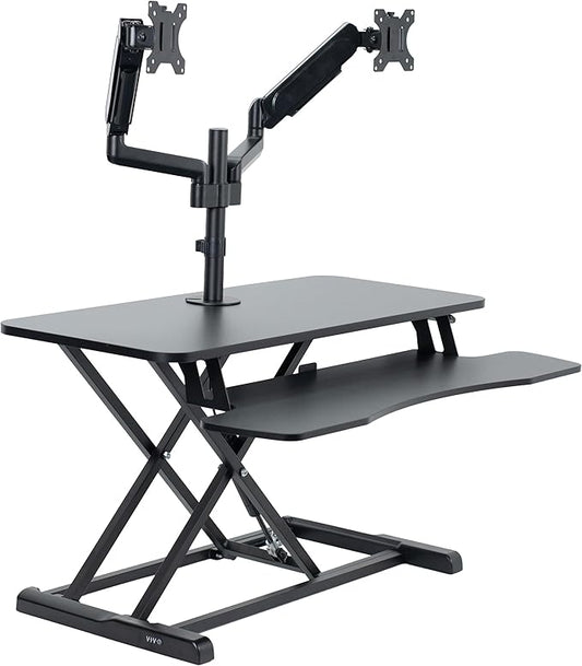 VIVO 36 inch Standing Desk Converter with Dual Monitor Mount for up to 32 inch Screens, Height Adjustable Riser with Pneumatic Spring Arms, Black, DESK-KIT-036K2K