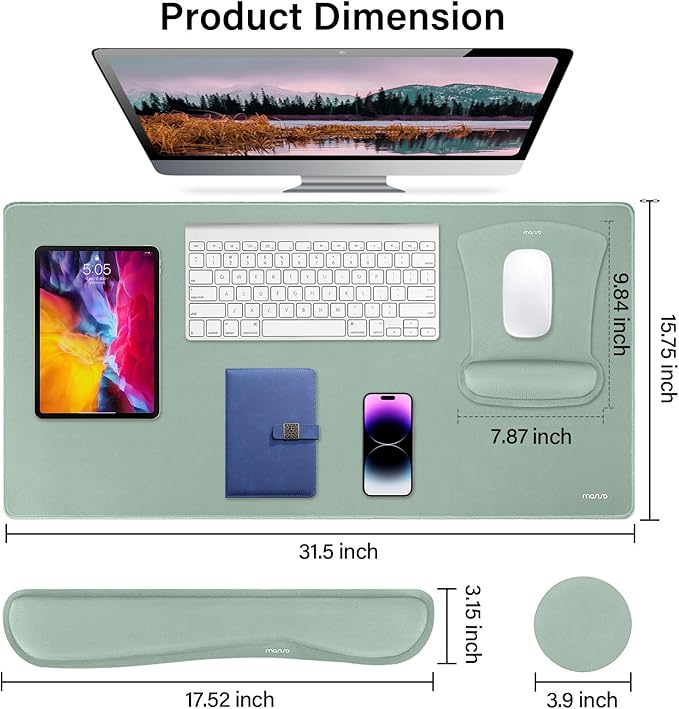 MOSISO Keyboard Mouse Pad Set, Large Gaming Mousepad&Keyboard Wrist Rest&Mouse Wrist Rest&Coaster, Ergonomic Non-Slip Mousepad&Easy Typing Cushion with Memory Foam for Home Office, Antique Green