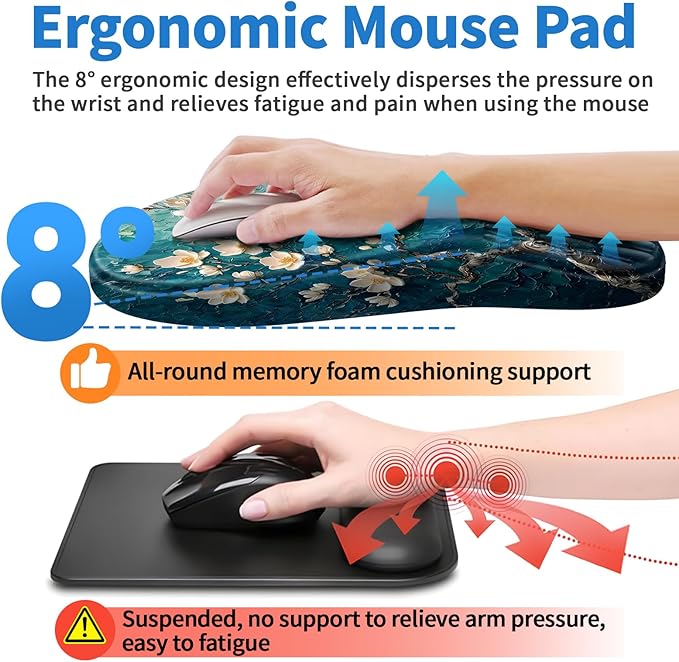 Ergonomic Mouse Pad with Wrist Rest Support, Mousepad with Comfortable Memory Foam Wrist Rest and Non-Slip PU Base for Pain Relief, Computer, Laptop, Office, Home (Plum Plossom)