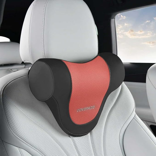 Coverado Car Headrest Pillow, Ergonomic Memory Foam Car Neck Pillow for Driving Seat with Adjustable Strap, Soft PU Leather Breathable Removable Cover Neck Support for Neck Pain Relief, BlackRed