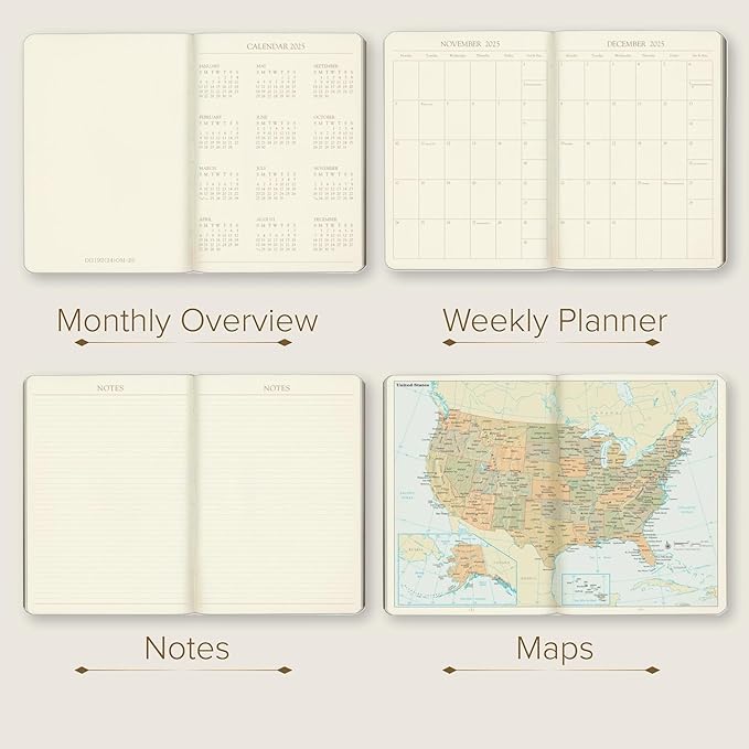 Gallery Leather Desk Weekly Monthly Planner 2025, Elegantly Bound Calendar Planner and Notebook with Stylish Gold-Gilded Page Edges, 12 Months - Acadia Navy - US Space Force - 8 x 5.5 "