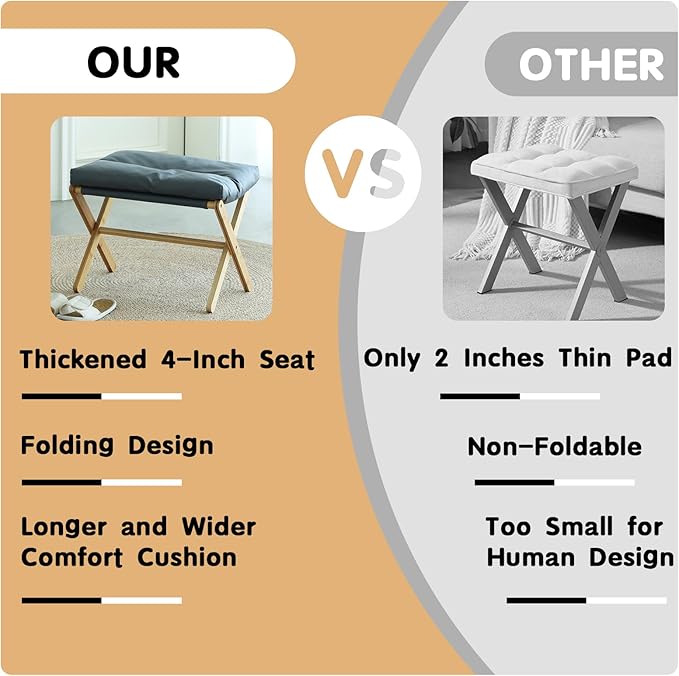 Folding Upholstered Footrest Stool, Small Accent Ottoman with Thick Cotton Cushion & Bamboo X Legs, Modern Padded Sofa Stool for Makeup Bedroom Living Room, Grey