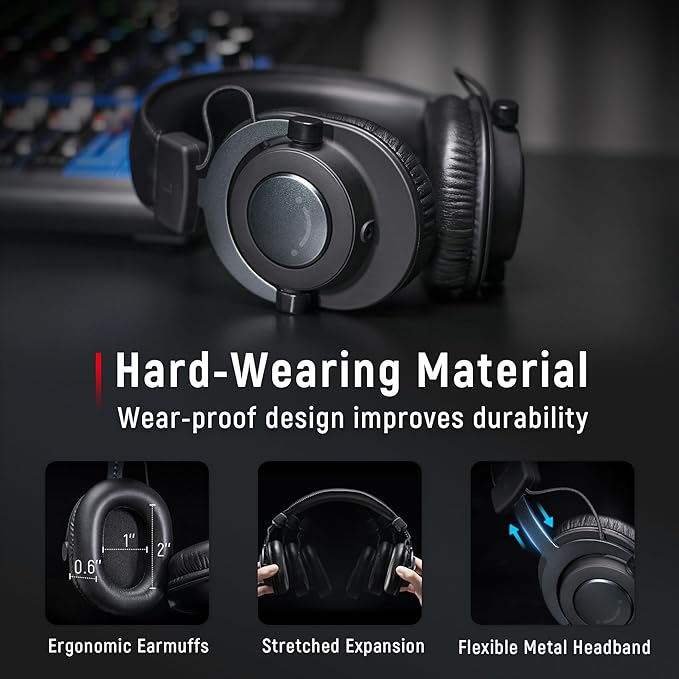 FIFINE Studio Monitor Headphones for Recording-Over Ear Wired Headphones for Podcast Monitoring, Streaming Comfortable Equipment with Detachable Cables 3.5mm or 6.35mm Jack, Black, on PC/Mixer-H8