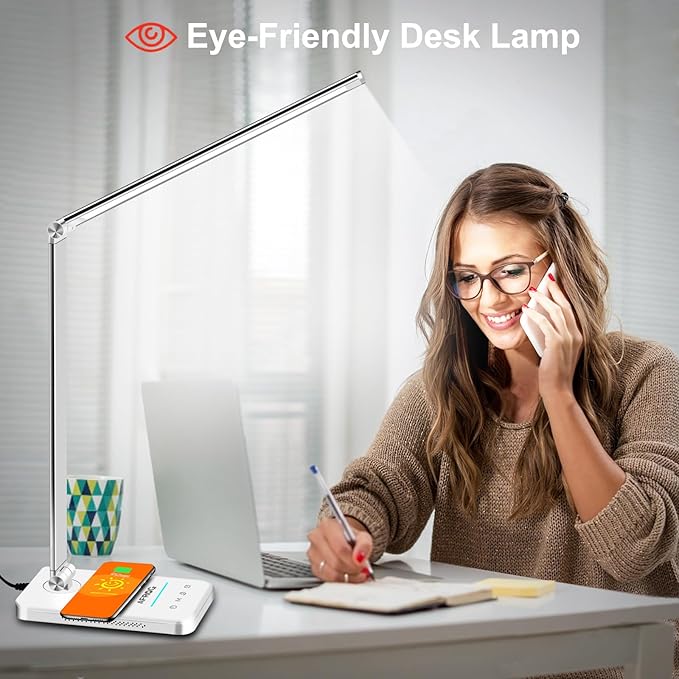 AFROG Multifunctional LED Desk Lamp with Wireless Charger, USB Charging Port, 5 Lighting Modes,5 Brightness Levels, Sensitive Control, 30/62 min Auto Timer, Eye-Caring Office Lamp with Adapter