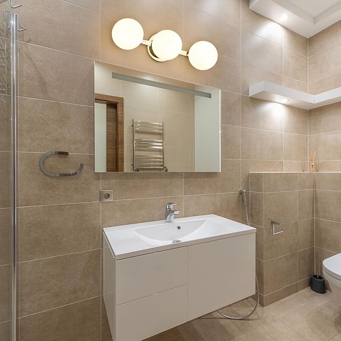 Globe Bathroom Vanity Light Fixtures, Modern 3 Lights Wall Lighting Chrome, Porch Wall Mount Light Fixture for Bathroom, Over Mirror Cabinets