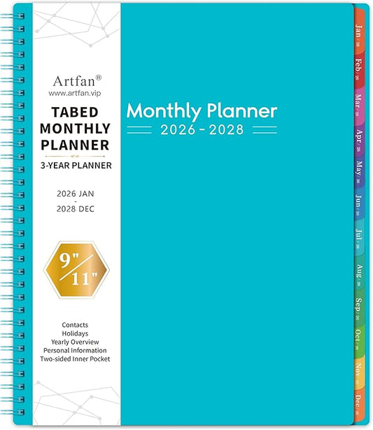 2026-2028 Monthly Planner/Calendar - 3 Year Monthly Planner 2026-2028, Jan.2026 - Dec.2028, 9" x 11", 36-Month Calendar + Colorful Tabs + Pocket - Teal
