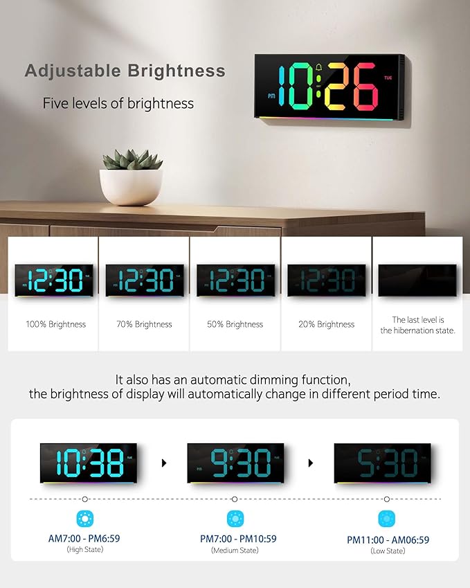 Large Digital Wall Clock 12", Digital Clock with Full Screen Display, 12 RGB Colors Changing Remote Control, DST, Wall Clock with Night Lights for Elderly Living Room Bedroom Office Gaming Room Decor