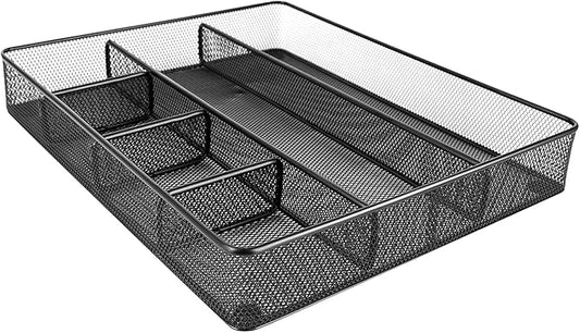 Amazon Basics Desk Drawer Organizer for Office and Home, Metal Mesh, Anti-Slip, 6 Compartments, Black