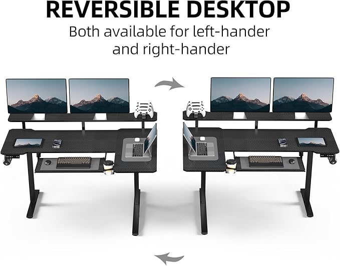 59 Inch L Shaped Standing Desk with Shelves and Keyboard, Electric Corner Standing Desk Adjustable Height, Sit Stand Computer Table with Reversiable Splice Board,Black Carbon Top