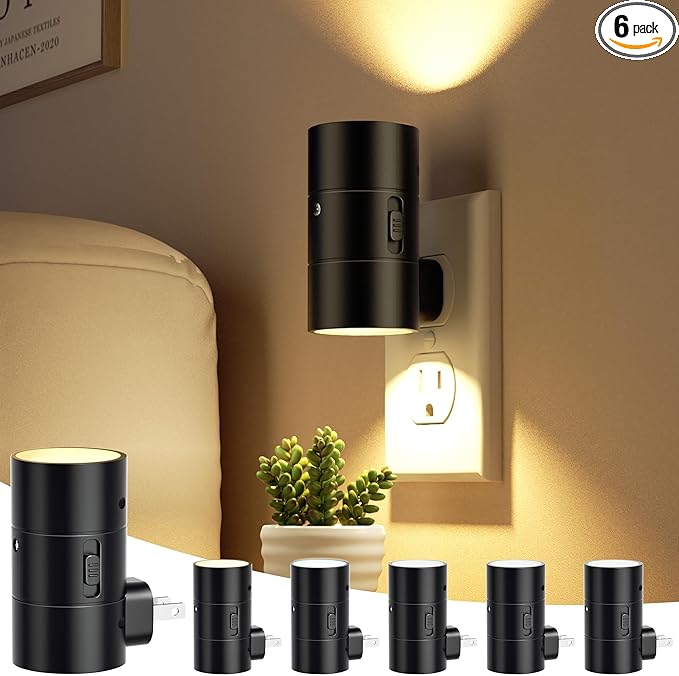 Night Lights Plug Into Wall,3 Color Temperatures LED Night Light Plug in,Dusk to Dawn Sensor,0-100LM Adjustable Brightness,Dimmable Night Lights for Hallway Bathroom Stair Bedroom,Black,6 Pack