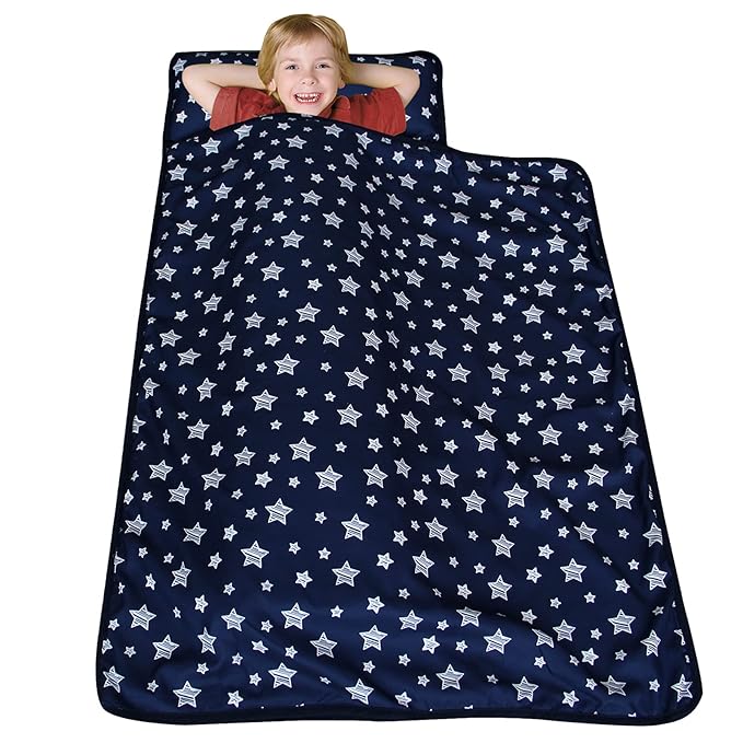 Moonsea Toddler Nap Mat Boy Navy and Fleece Minky Blanket, Lightweight and Soft Perfect for Kids Preschool, Daycare, Travel Sleeping Bag for Boys, 21" x 50" Fit on a Standard Cot