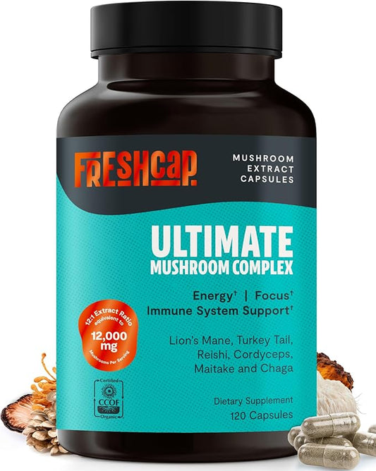 FreshCap Mushrooms Ultimate Mushroom Supplement 12,000mg - Nootropic Mushroom Complex Capsules, Organic Supplement, Brain Supplements for Memory and Focus Ayurveda (120 Capsules)