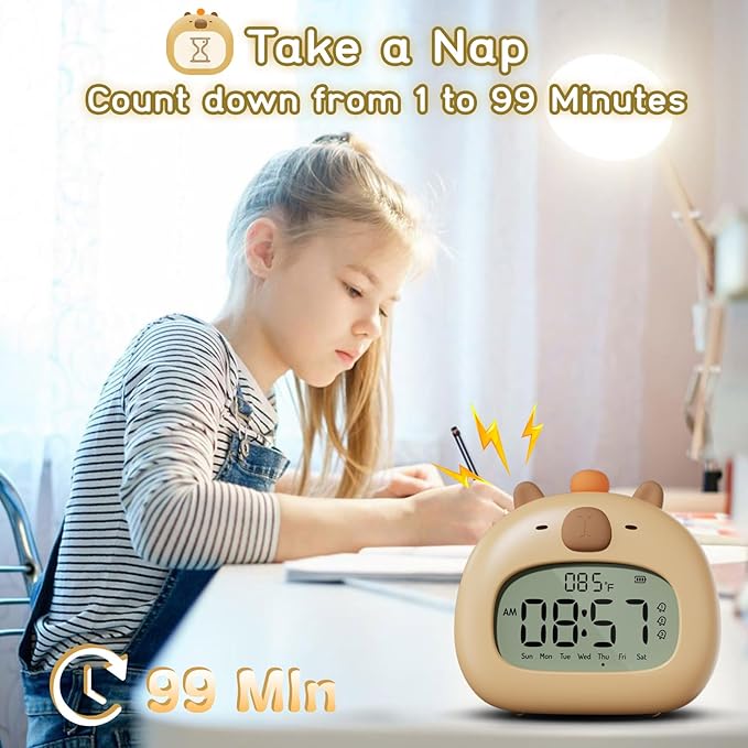 Capybara Kids Alarm Clock with Night Light, Digital Alarm Clocks for Bedrooms, Cute Kawaii Capibara Loud Ok to Wake Up Rechargeable, Snooze, 3 Alarms