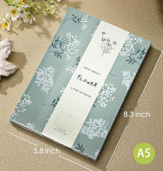 Floral Hardcover Notebook, Flower Journal for women, A5, 200 Pages, 6x8 Medium Lined Notebook, Floret Printed Fabric Cloth Journal, Similar Embroidered Linen Journal, Garden Journal, Green.