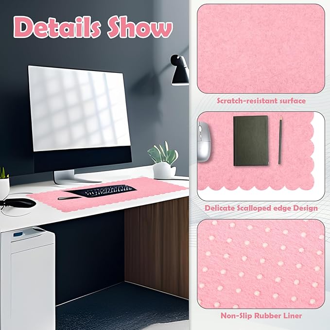 Large Felt Desk Mat with Scalloped Edges for Keyboard and Mouse 35 x 16.5 Inch Non Slip Scalloped Computer Desk Pad(Pink)