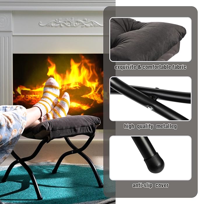 HollyHOME 15"(H) Folding Footrest Stool, Upholstered Small Foldable Ottoman, Accent Padded Sofa Foot Stool for Lazy Chair, Metal Frame Portable Foot Rest Ottoman for Living Room, Bedroom, Smoky Grey