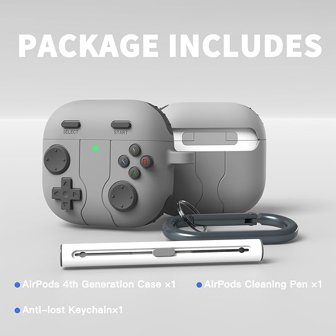 DamonLight Game Case for AirPods 4 Cover Shock-Proof Protective Silicone Case with Cleaning Pen and Keychain Accessories for Apple Airpods 4th Generation (Gray)