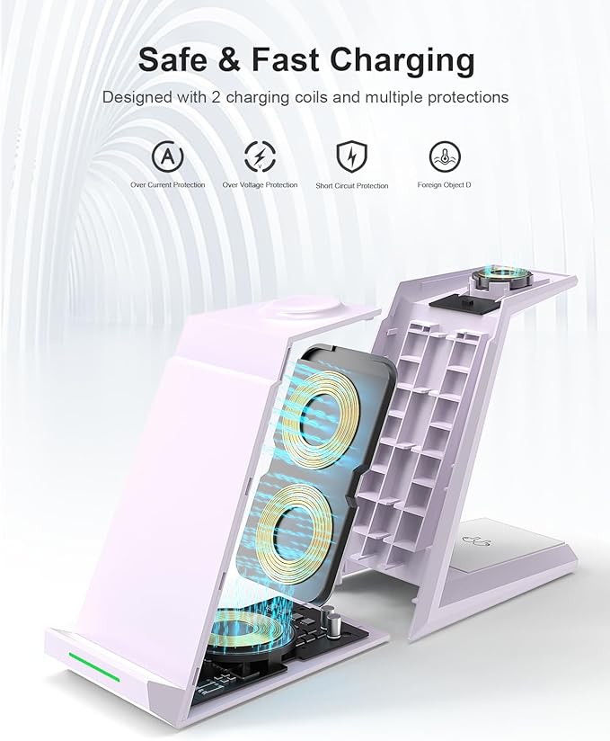 Wireless Charging Station for iPhone - ADADPU 3 in 1 Charger Stand for iPhone 17 16 15 14 13 12 11 Pro Max XR 8 Plus, Wireless Charging Dock for Apple Watch 8/7/SE/6/5/4/3/2, AirPods Pro/3/2 (Purple)