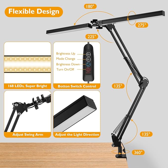 LED Desk Lamp with Clamp, Super Bright Double Head Task Light, 5 Color Modes, 10%~100% Dimmable Brightness, Modern Swing Arm Workbench Light