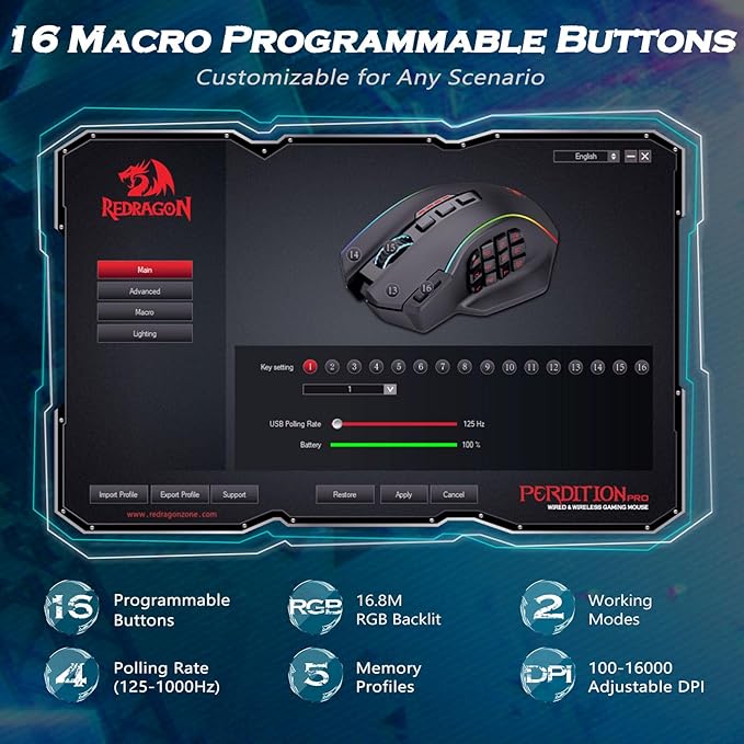 Redragon Wireless Gaming Mouse, MMO Gaming Mouse UP 16,000 DPI, 16 Macro Programmable Buttons, RGB Rechargeable Mouse with 12 Side Buttons, 70Hrs for PC Laptop MOBA FPS, White,M901P-WS