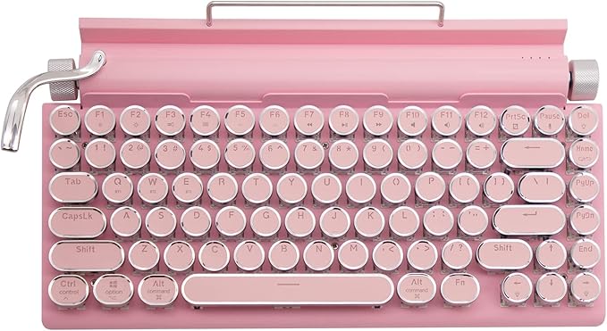 Adventurers Typewriter Bluetooth Wireless Keyboard - 83 Keys, Hot Swappable Blue Switch, Round Keycaps, White Backlit, Compact 75% Layout, Wired, for Windows/Mac/PC/Laptop/iPad, Pink