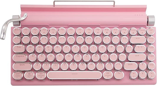 Adventurers Typewriter Bluetooth Wireless Keyboard - 83 Keys, Hot Swappable Blue Switch, Round Keycaps, White Backlit, Compact 75% Layout, Wired, for Windows/Mac/PC/Laptop/iPad, Pink