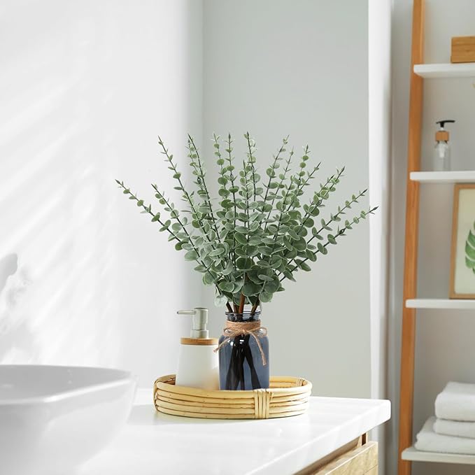 Leftover 18.8" Artificial Eucalyptus Stems in Black Glass Vase,Fake Plant Eucalyptus Plant for Centerpiece Table Decorations Black Bathroom Farmhouse Home Decor