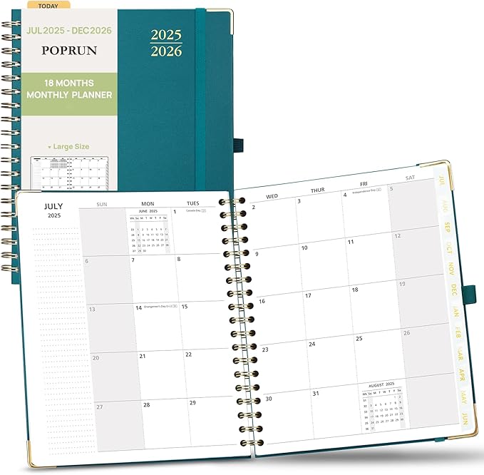 POPRUN Monthly Planner 2025-2026 Spiral Hardcover (8'' x 10''), 18 Months Calendar (Jul.2025 - Dec.2026)- 2 Pages per Month with Dotted Note Pages, Sunday Start, Laminated Tab - Pacific Green