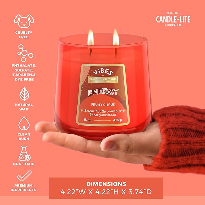 Candle-Lite Vibes Fruity Citrus Mood-Enhancing Scented Candles, 15 oz Jar, Aromatherapy, Proudly Poured in The USA, 2-Wick, 86 Hours Burn Time, Perfect Relaxation Gift