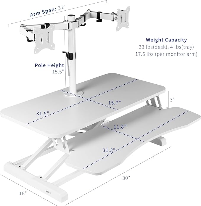 VIVO Height Adjustable 32 inch Standing Desk Converter with Dual 13 to 30 inch Monitor Stand, Sit Stand Monitor Mount and Desk Riser, White, DESK-V000K-M2W