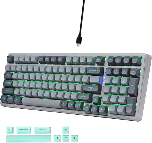 E-YOOSO Wired Mechanical Gaming Keyboard, Gasket Structure with Sound Dampening Foam, Clicky Blue Switches, Green LED Backlit RGB Side Light, 99 Keys Custom Keyboard for PC,Gray/Black